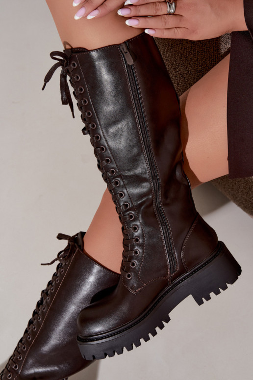Botas altas femininas aquecidas com plataforma e cadarços na cor chocolate Kasmina