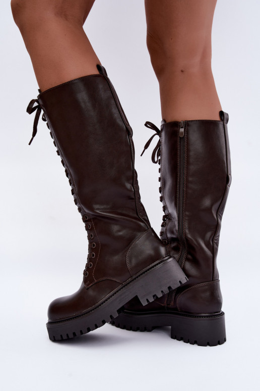 Botas altas femininas aquecidas com plataforma e cadarços na cor chocolate Kasmina