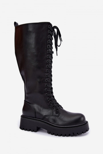 Botas altas femininas aquecidas com plataforma e cadarços na cor preta Kasmina