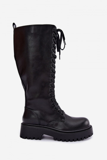 Botas altas femininas aquecidas com plataforma e cadarços na cor preta Kasmina 2