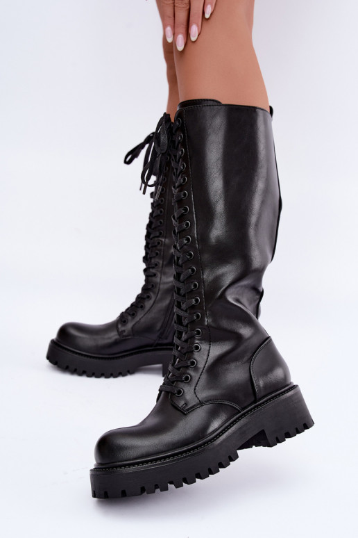 Botas altas femininas aquecidas com plataforma e cadarços na cor preta Kasmina