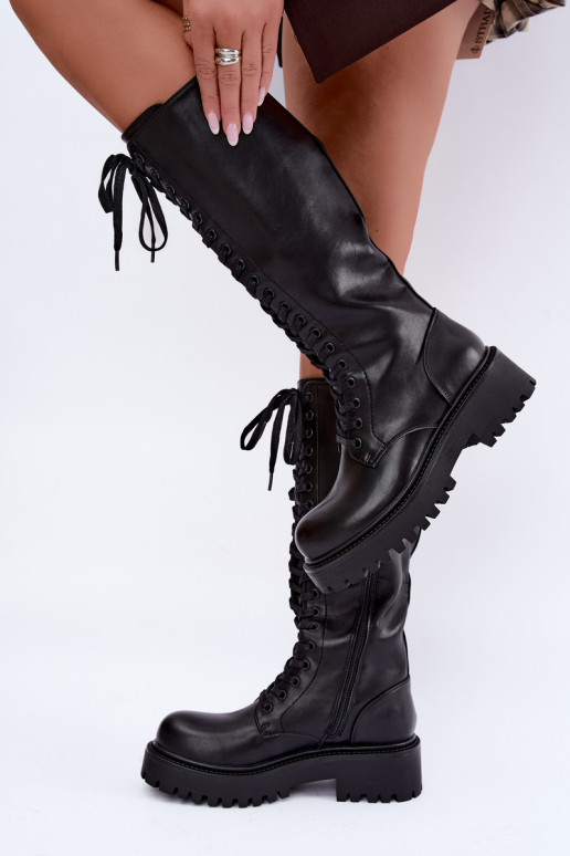 Botas altas femininas aquecidas com plataforma e cadarços na cor preta Kasmina