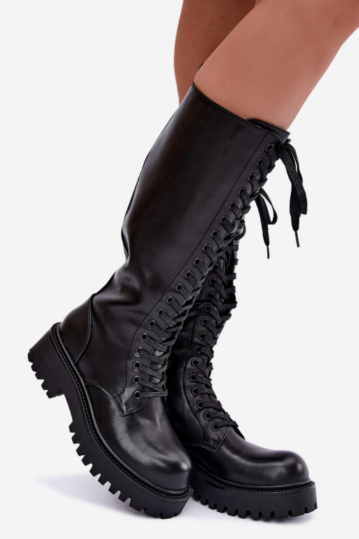 Botas altas femininas aquecidas com plataforma e cadarços na cor preta Kasmina