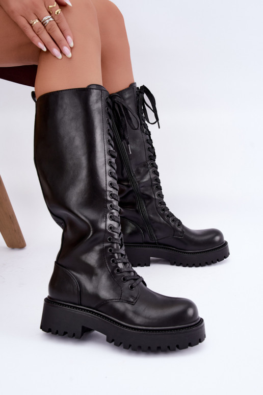 Botas altas femininas aquecidas com plataforma e cadarços na cor preta Kasmina