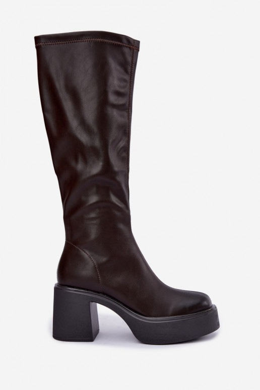 Botas altas femininas com plataforma e saltos em couro sintético cor chocolate Nesalie