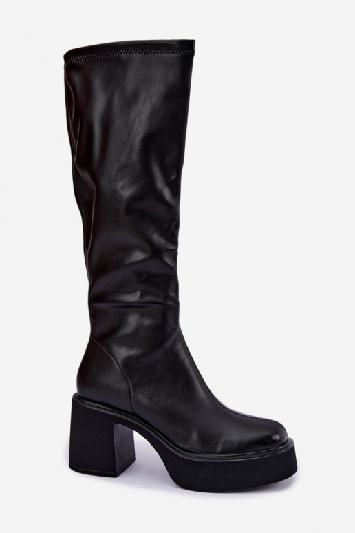 Botas altas femininas com plataforma e saltos em couro sintético preto Nesalie