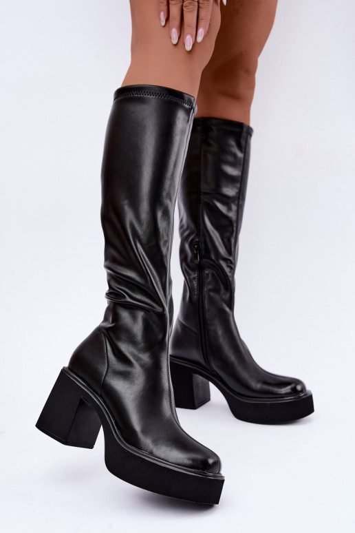 Botas altas femininas com plataforma e saltos em couro sintético preto Nesalie