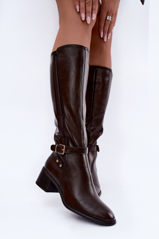 Botas altas femininas com fivelas na cor chocolate Sergio Leone KZ-07