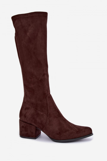 Botas altas femininas com saltos baixos em camurça sintética cor chocolate Sergio Leone KZ212