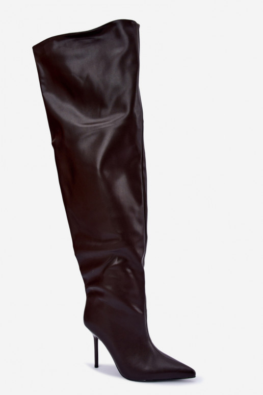 botas altas femininas com saltos finos acima do joelho na cor chocolate Aderelle