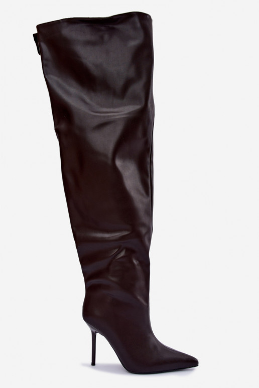 botas altas femininas com saltos finos acima do joelho na cor chocolate Aderelle