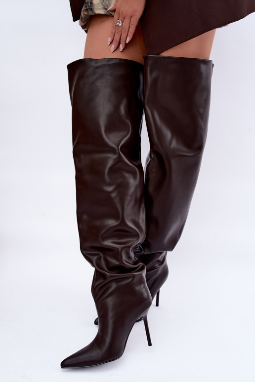 botas altas femininas com saltos finos acima do joelho na cor chocolate Aderelle