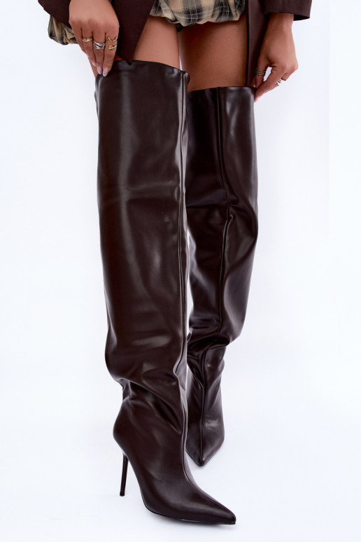 botas altas femininas com saltos finos acima do joelho na cor chocolate Aderelle