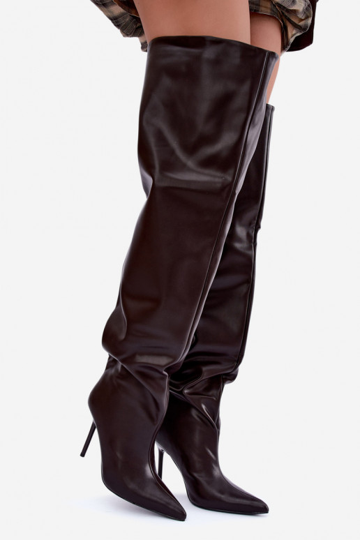 botas altas femininas com saltos finos acima do joelho na cor chocolate Aderelle