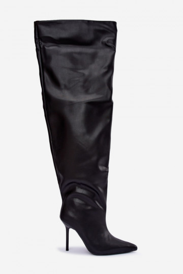 botas altas femininas com saltos finos acima do joelho na cor preta Aderelle 2