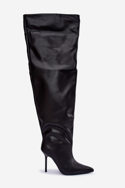 botas altas femininas com saltos finos acima do joelho na cor preta Aderelle