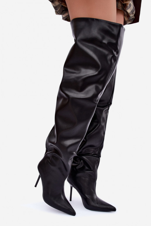 botas altas femininas com saltos finos acima do joelho na cor preta Aderelle