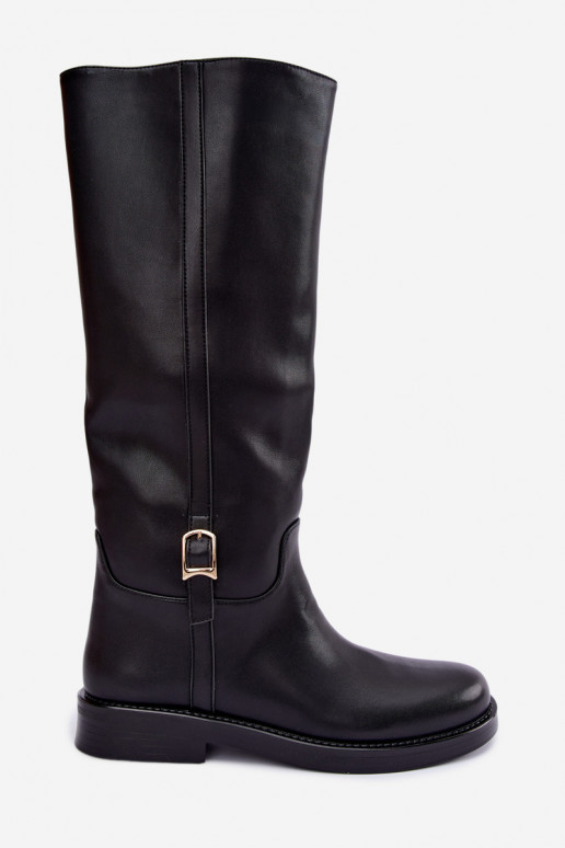 botas altas com fivelas e saltos largos na cor preta Ismerelle