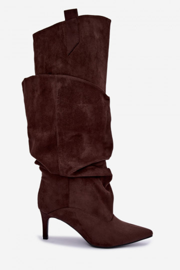 botas altas e quentes com babados e saltos finos na cor chocolate Emerine 2