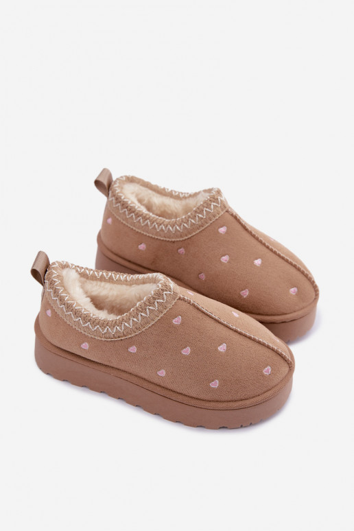 Botas de neve infantis com corações, forradas com pelo, cor areia Palina
