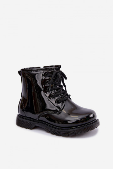 Botins infantis forrados com efeito verniz, em couro sintético, com fechos, pretos Omua
