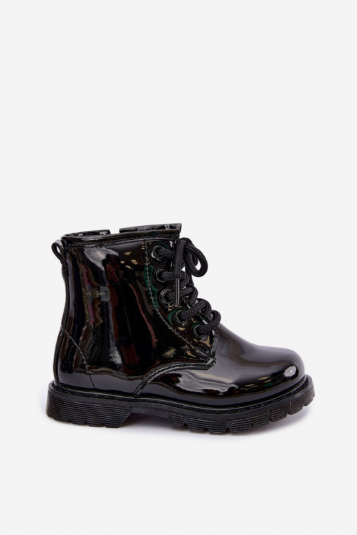 Botins infantis forrados com efeito verniz, em couro sintético, com fechos, pretos Omua