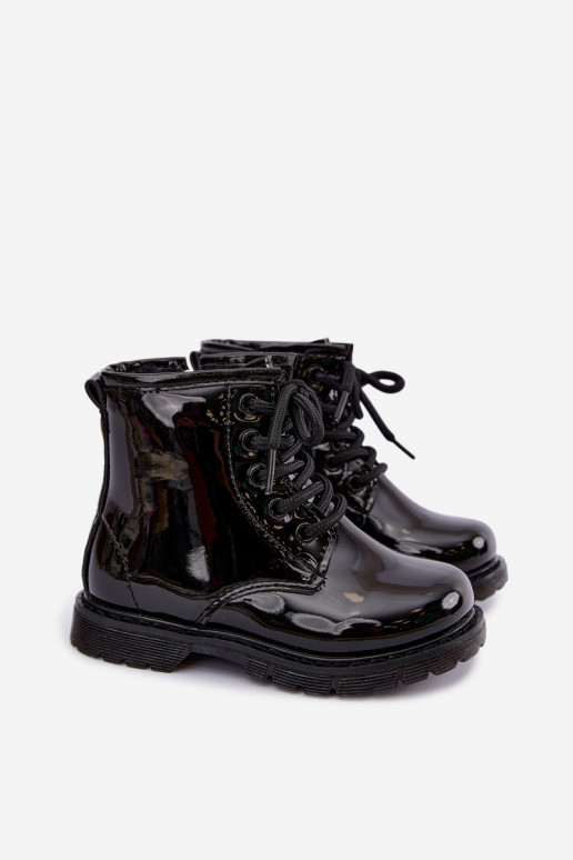 Botins infantis forrados com efeito verniz, em couro sintético, com fechos, pretos Omua