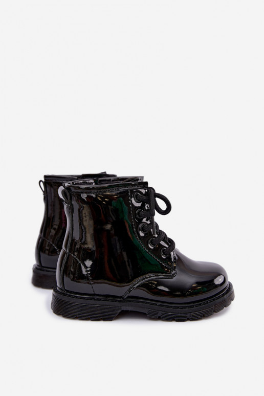 Botins infantis forrados com efeito verniz, em couro sintético, com fechos, pretos Omua