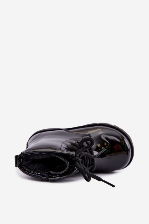 Botins infantis forrados com efeito verniz, em couro sintético, com fechos, pretos Omua