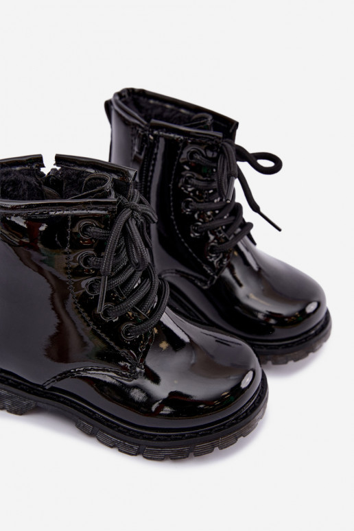 Botins infantis forrados com efeito verniz, em couro sintético, com fechos, pretos Omua