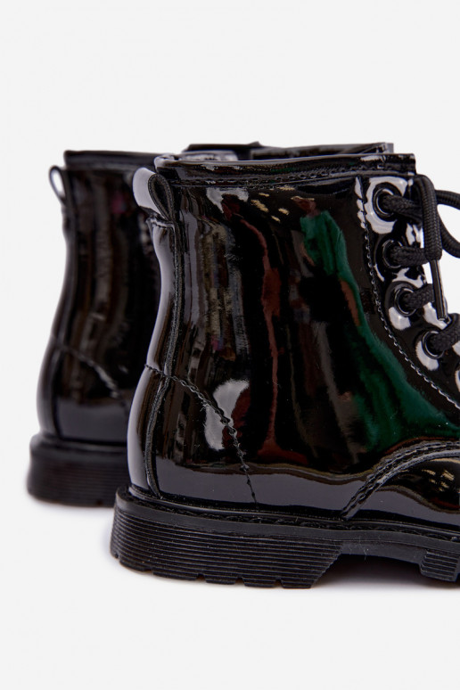 Botins infantis forrados com efeito verniz, em couro sintético, com fechos, pretos Omua