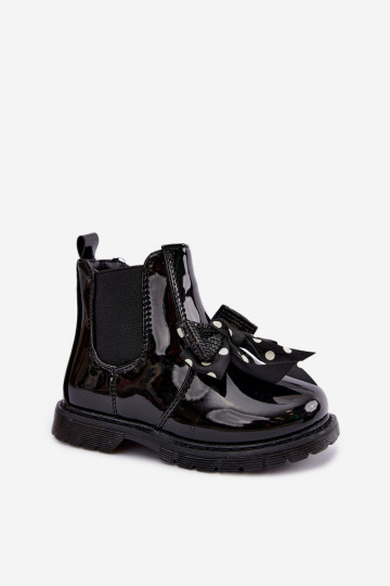 Botins infantis forrados com efeito verniz, com fitas, pretos Keralyn