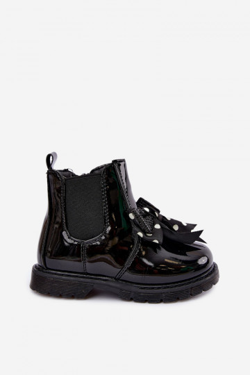 Botins infantis forrados com efeito verniz, com fitas, pretos Keralyn 2