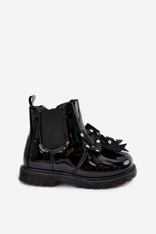 Botins infantis forrados com efeito verniz, com fitas, pretos Keralyn