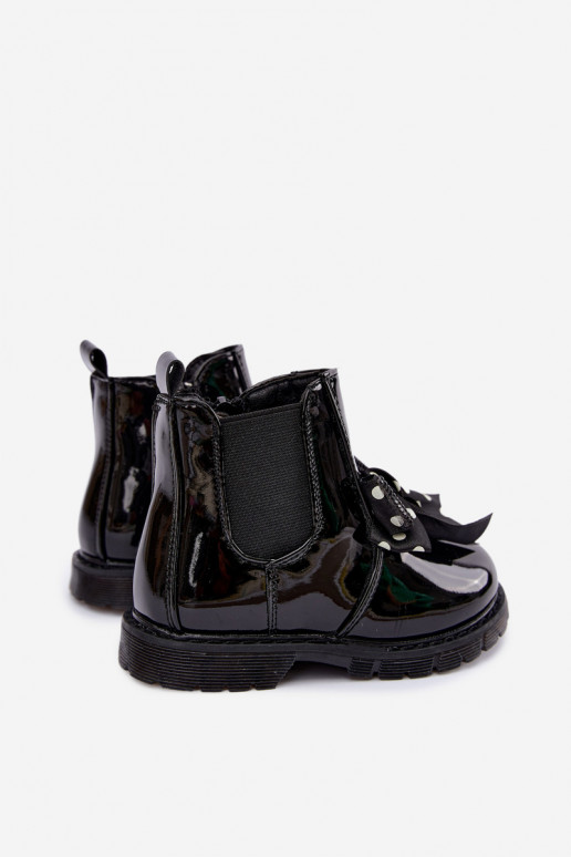 Botins infantis forrados com efeito verniz, com fitas, pretos Keralyn