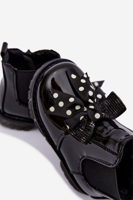 Botins infantis forrados com efeito verniz, com fitas, pretos Keralyn