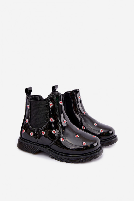 Botins infantis forrados com efeito verniz, com corações, pretos Keralyn