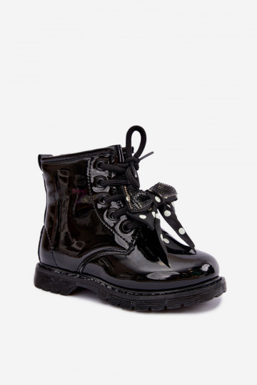 Botins infantis forrados com efeito verniz, com fitas, pretos Corselle