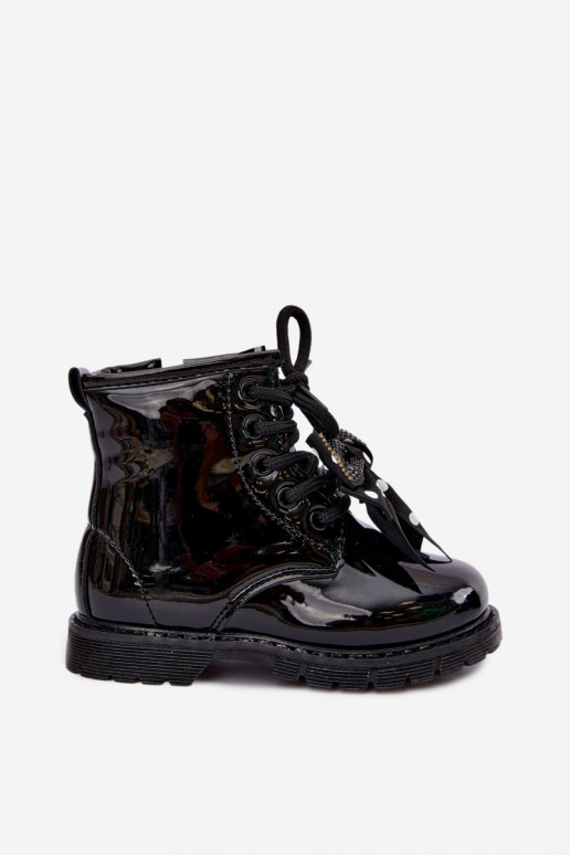 Botins infantis forrados com efeito verniz, com fitas, pretos Corselle