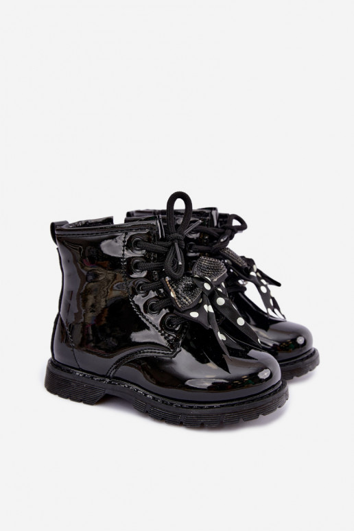 Botins infantis forrados com efeito verniz, com fitas, pretos Corselle