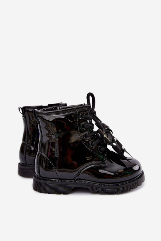 Botins infantis forrados com efeito verniz, com fitas, pretos Corselle
