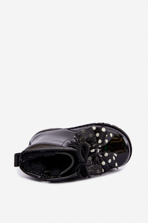 Botins infantis forrados com efeito verniz, com fitas, pretos Corselle