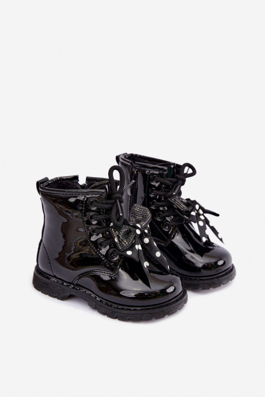 Botins infantis forrados com efeito verniz, com fitas, pretos Corselle