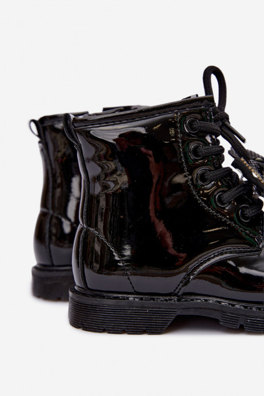 Botins infantis forrados com efeito verniz, com fitas, pretos Corselle