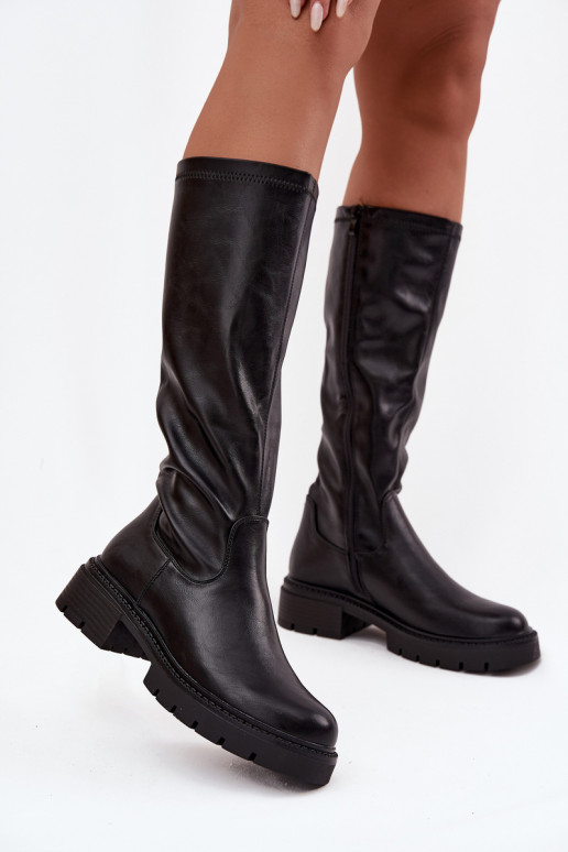 botas altas femininas em couro sintético preto Oceana