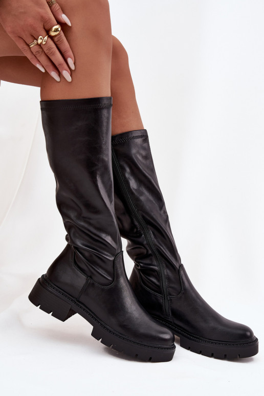 botas altas femininas em couro sintético preto Oceana
