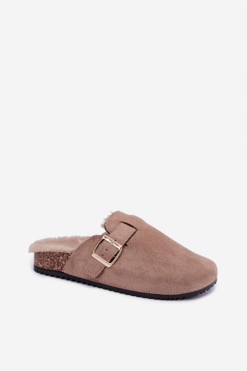 Chinelos Tamancos Mule Feminino aquecimento com pelo por dentro com fivelas bege Tamera