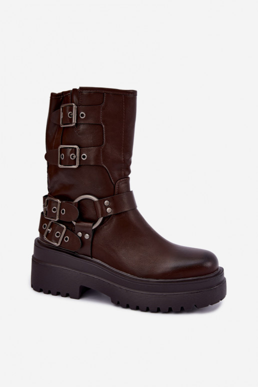 Botins quentes com plataforma e fivelas na cor chocolate Gilmora