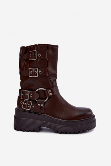 Botins quentes com plataforma e fivelas na cor chocolate Gilmora 2