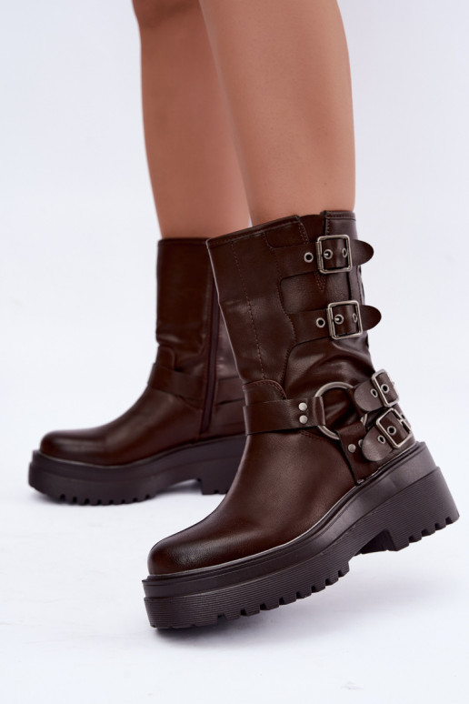 Botins quentes com plataforma e fivelas na cor chocolate Gilmora